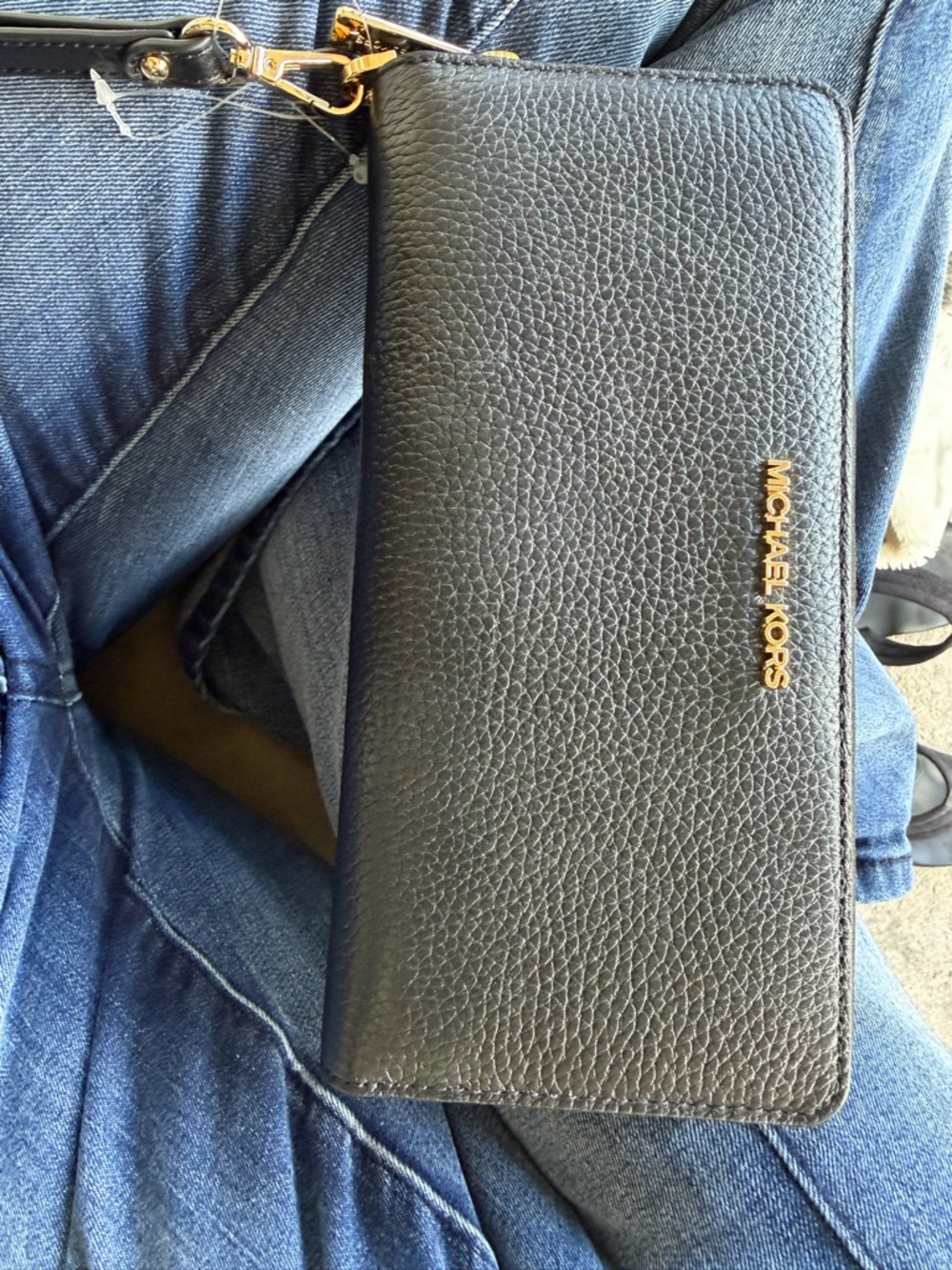 Michael Kors Black Pebbled Leather Wristlet with Gold Logo